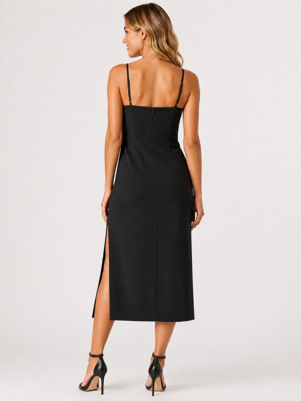 Lulu's Black Spaghetti-Strap Ruched Midi Cocktail Dress with Side Slit LBD - Picture 2 of 6